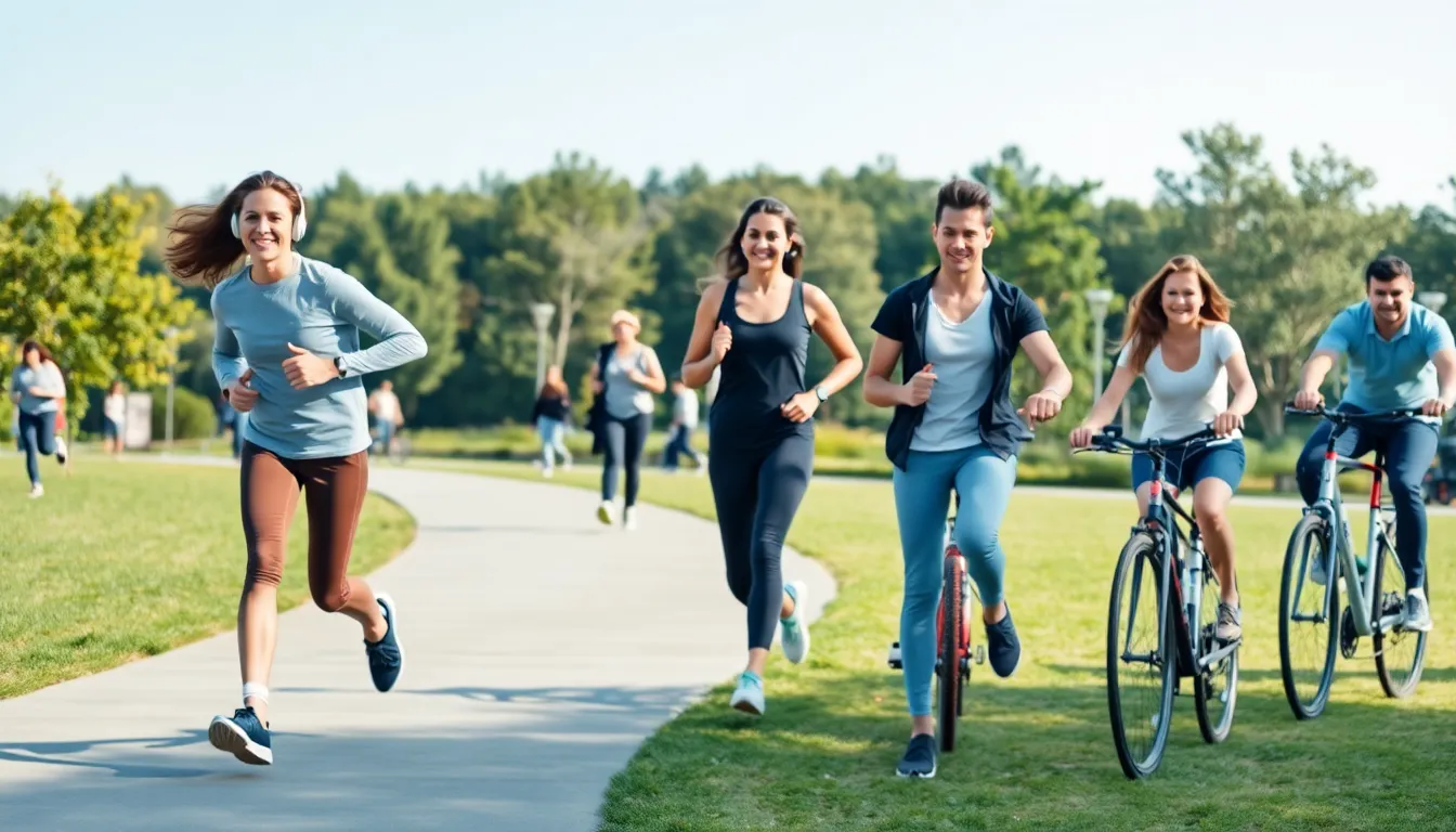 diverse group exercising outdoors, emphasizing daily cardio benefits.