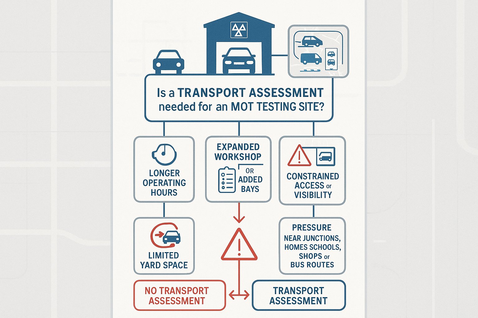 Infographic showing when an MOT transport assessment is needed in the UK.