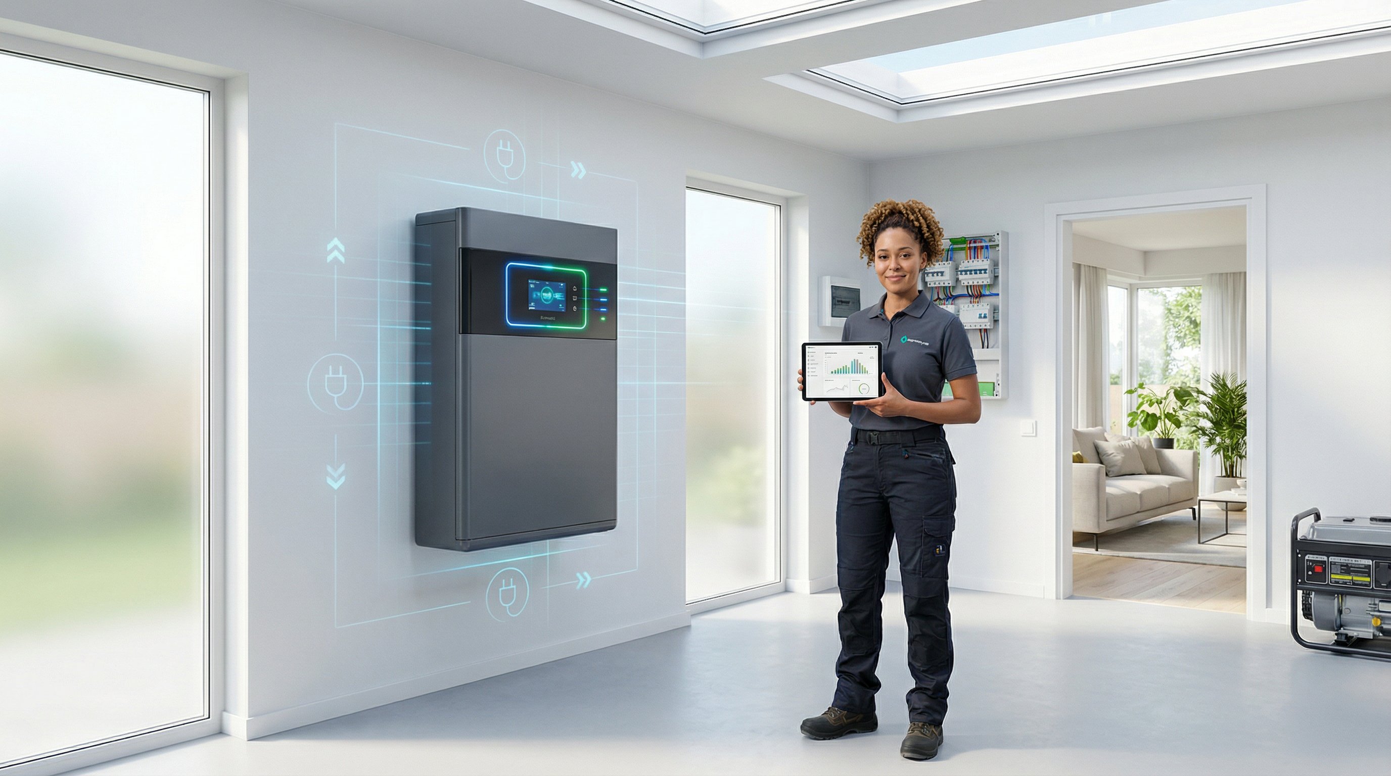 Professional technician with whole-home battery backup system in modern utility room.