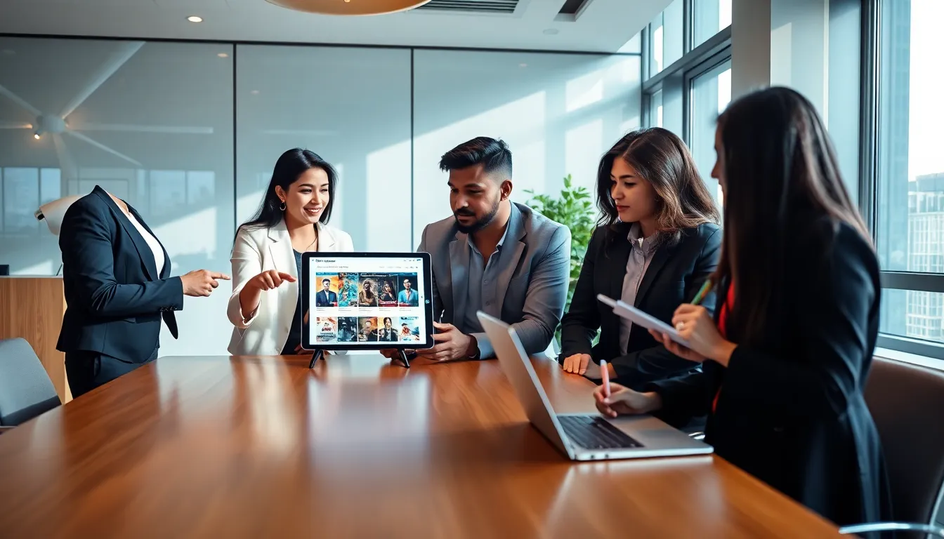 diverse team discussing Bollywood movies in a modern office setting.