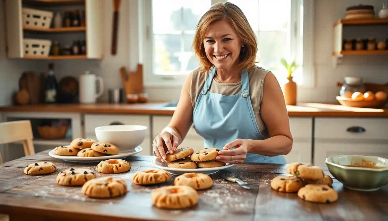 a woman baking a variety of cookies in a sunny kitchen.
