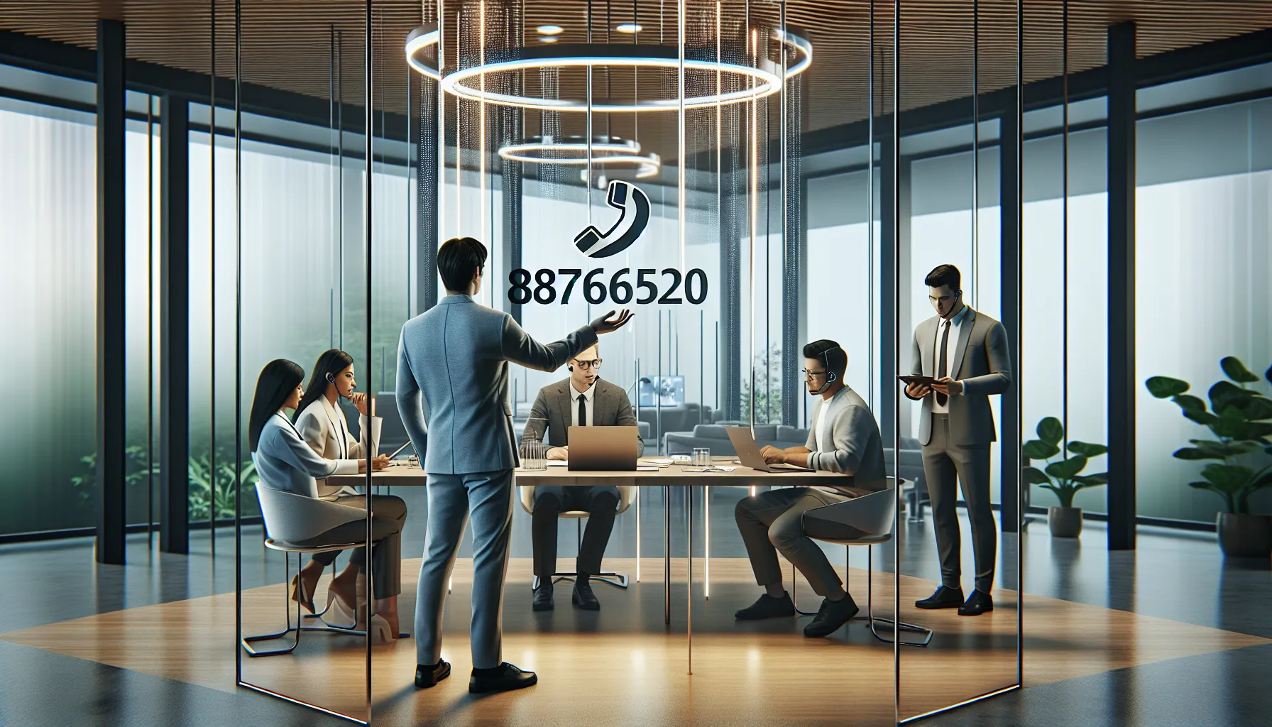 team discussing a toll-free number in a modern office.