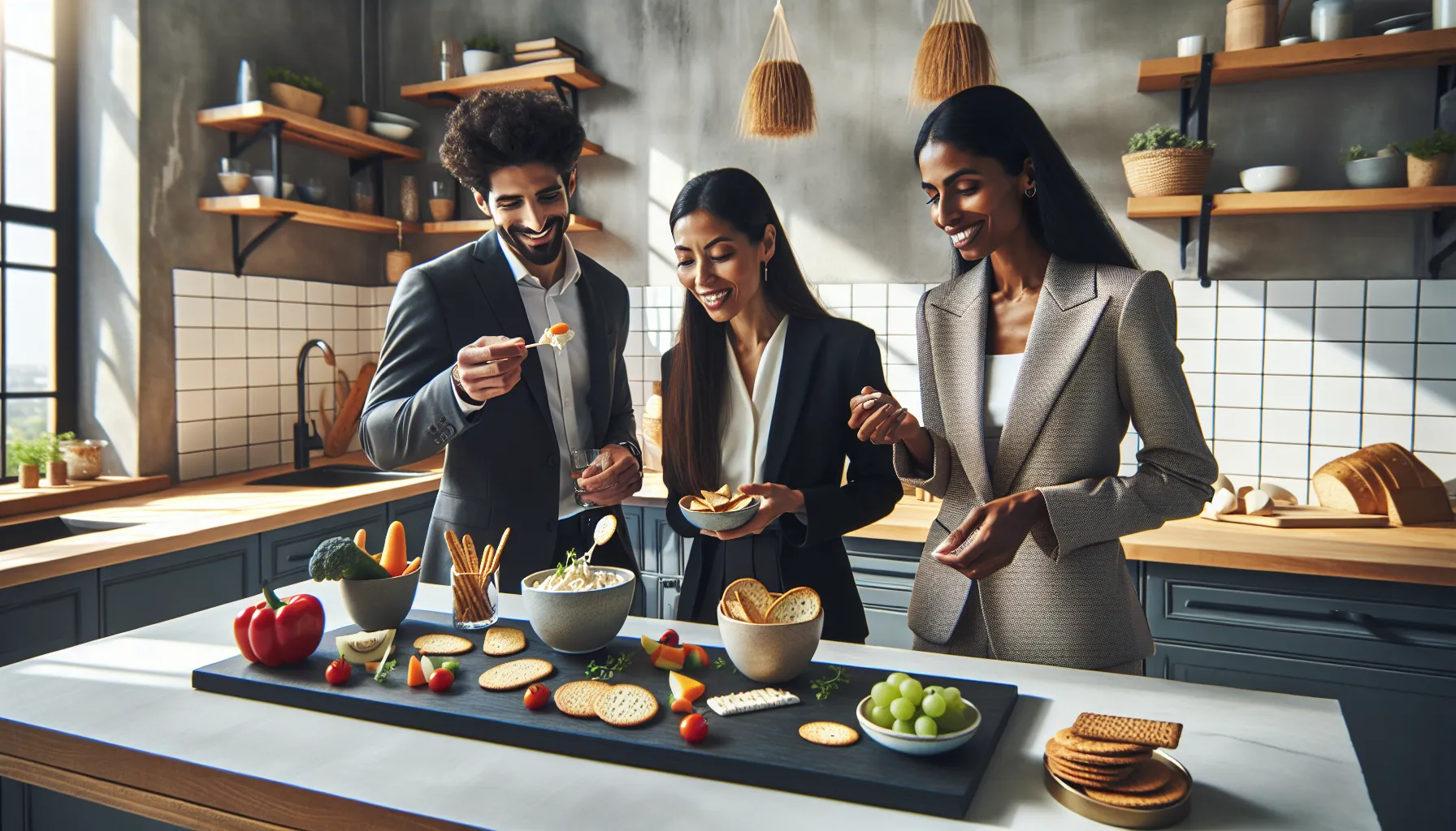 Diverse team enjoying Felmusgano snacks in a modern kitchen.
