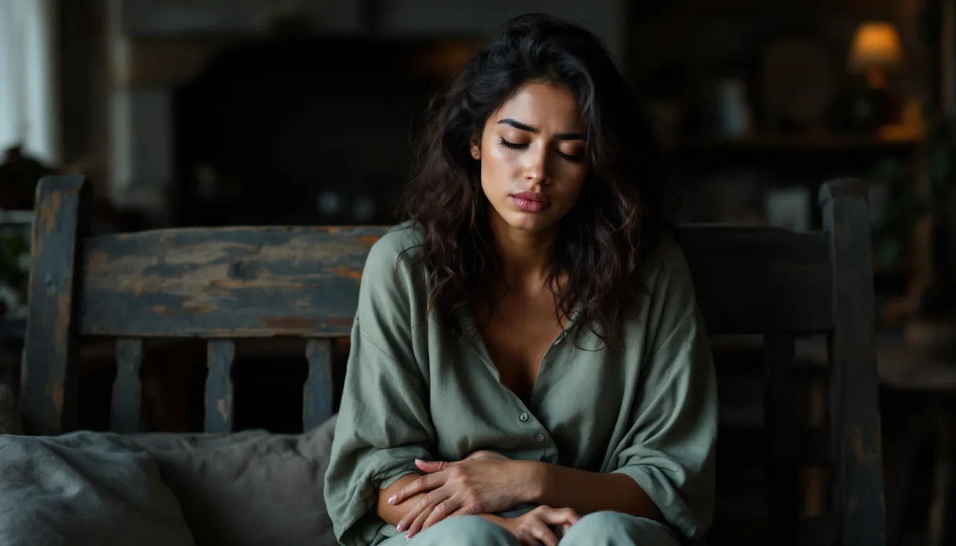 Woman sitting still with hands on chest and stomach in golden afternoon light.
