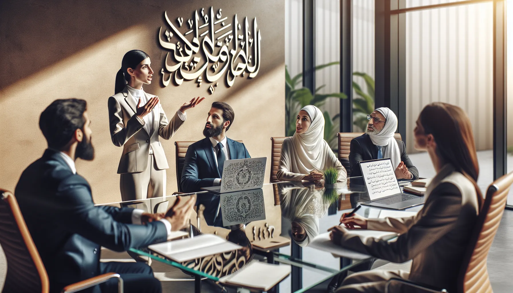 professionals discussing Arabic greetings in a modern office.