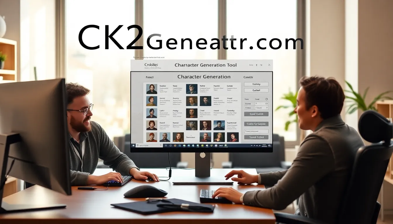 diverse group creating characters on CK2Generator.com in a modern workspace.