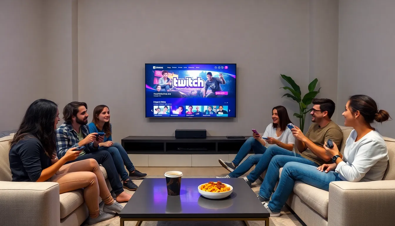 Group watching Twitch on a smart TV in a modern living room.