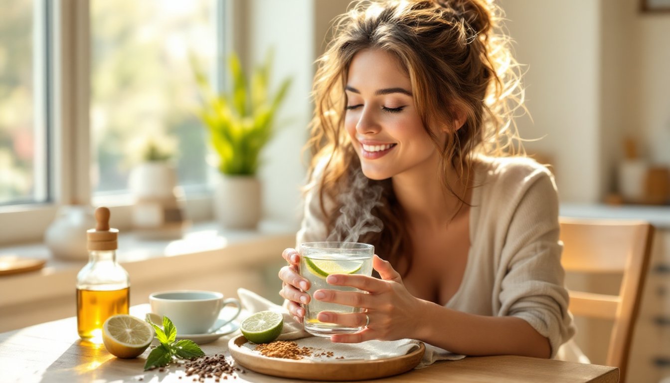 A woman with glowing skin sipping warm lime water by a sunlit window.