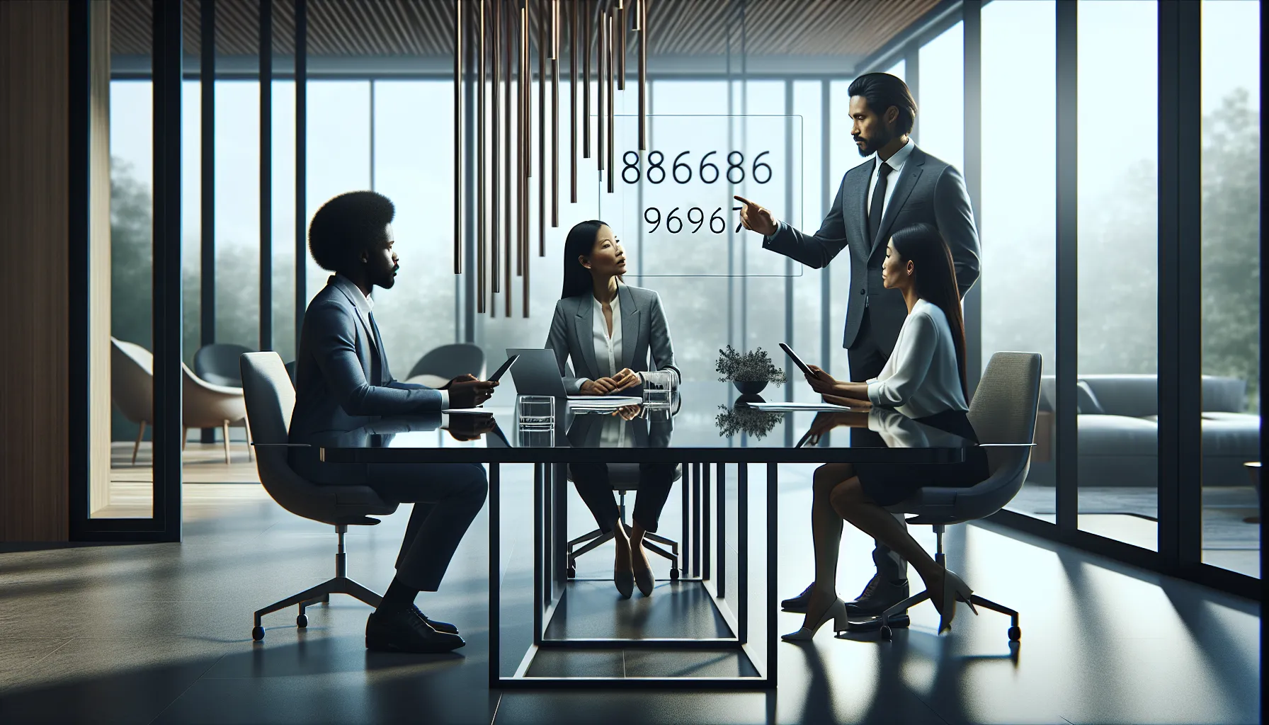 diverse professionals discussing the significance of a number in an office.