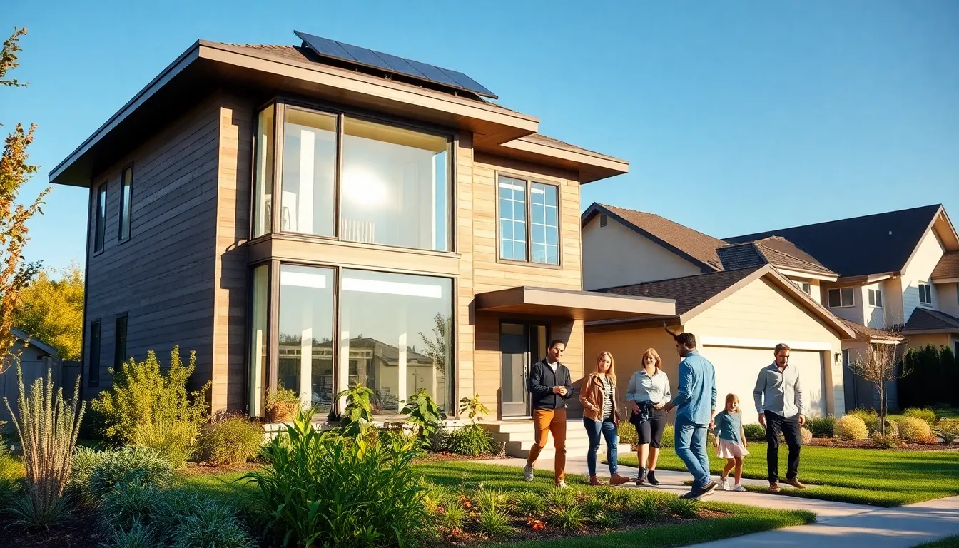 modern energy-efficient home with a diverse family in a smart neighborhood.