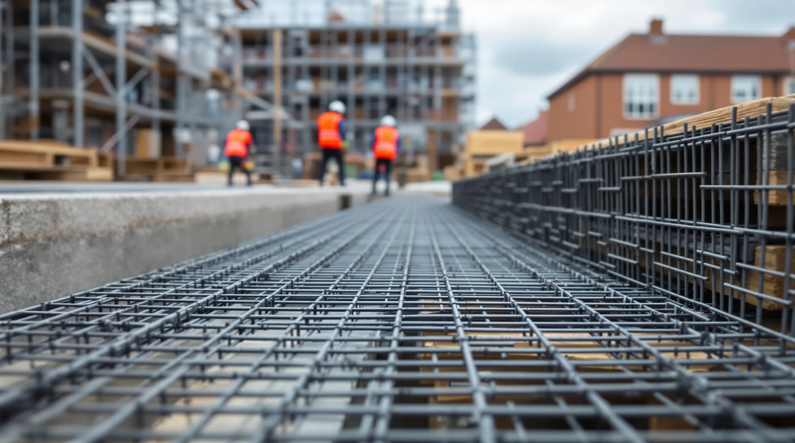 Stacked steel reinforcement mesh sheets with visible grid pattern at UK construction site.