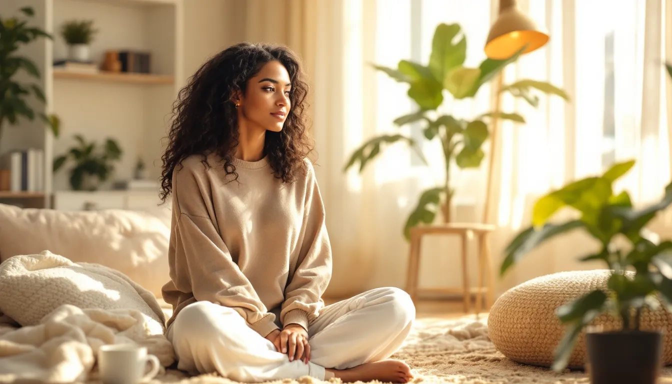 Woman journaling beside a steaming coffee mug in a sunlit living room.