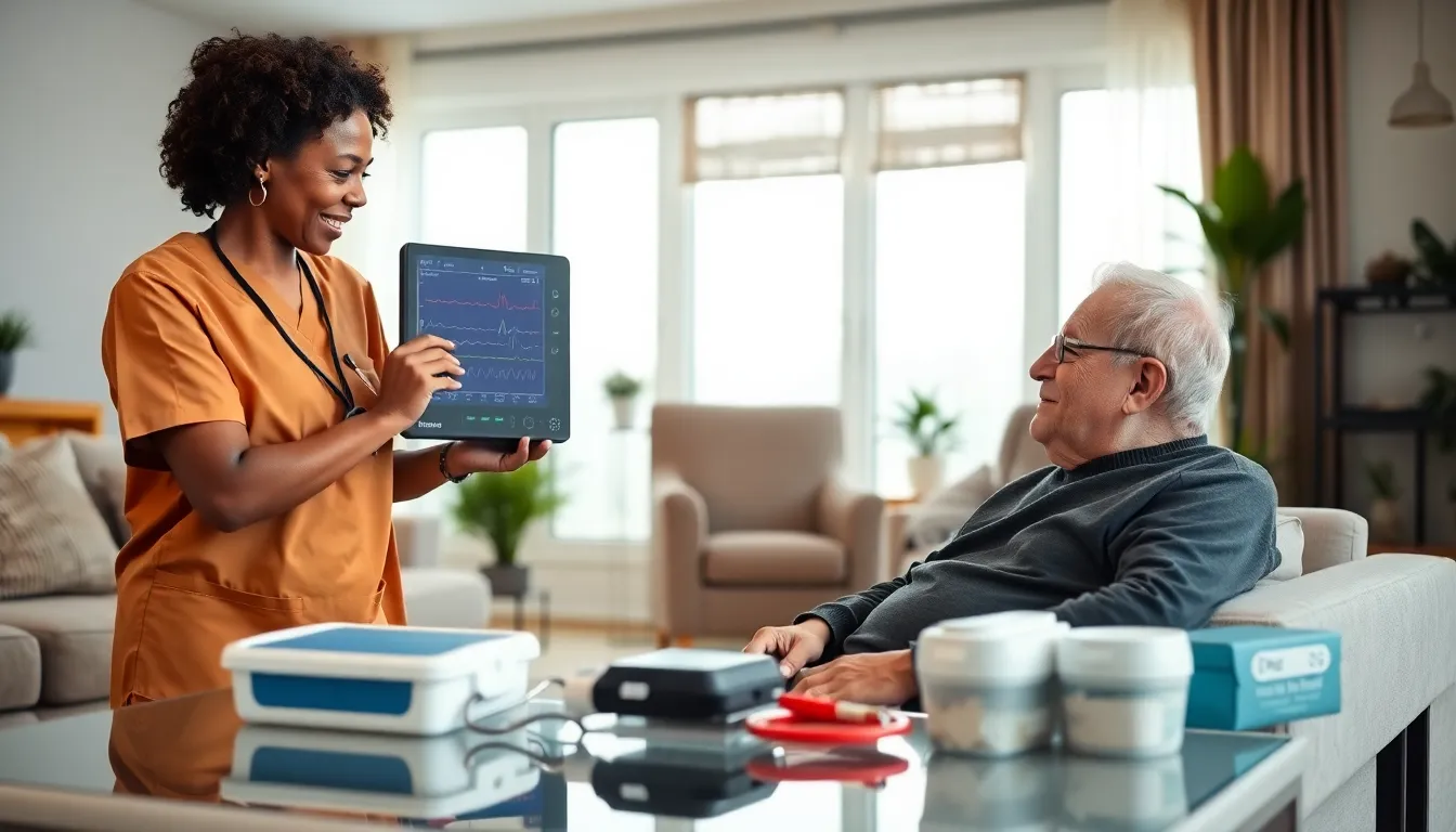 caregiver assisting a senior in a home health care setting.