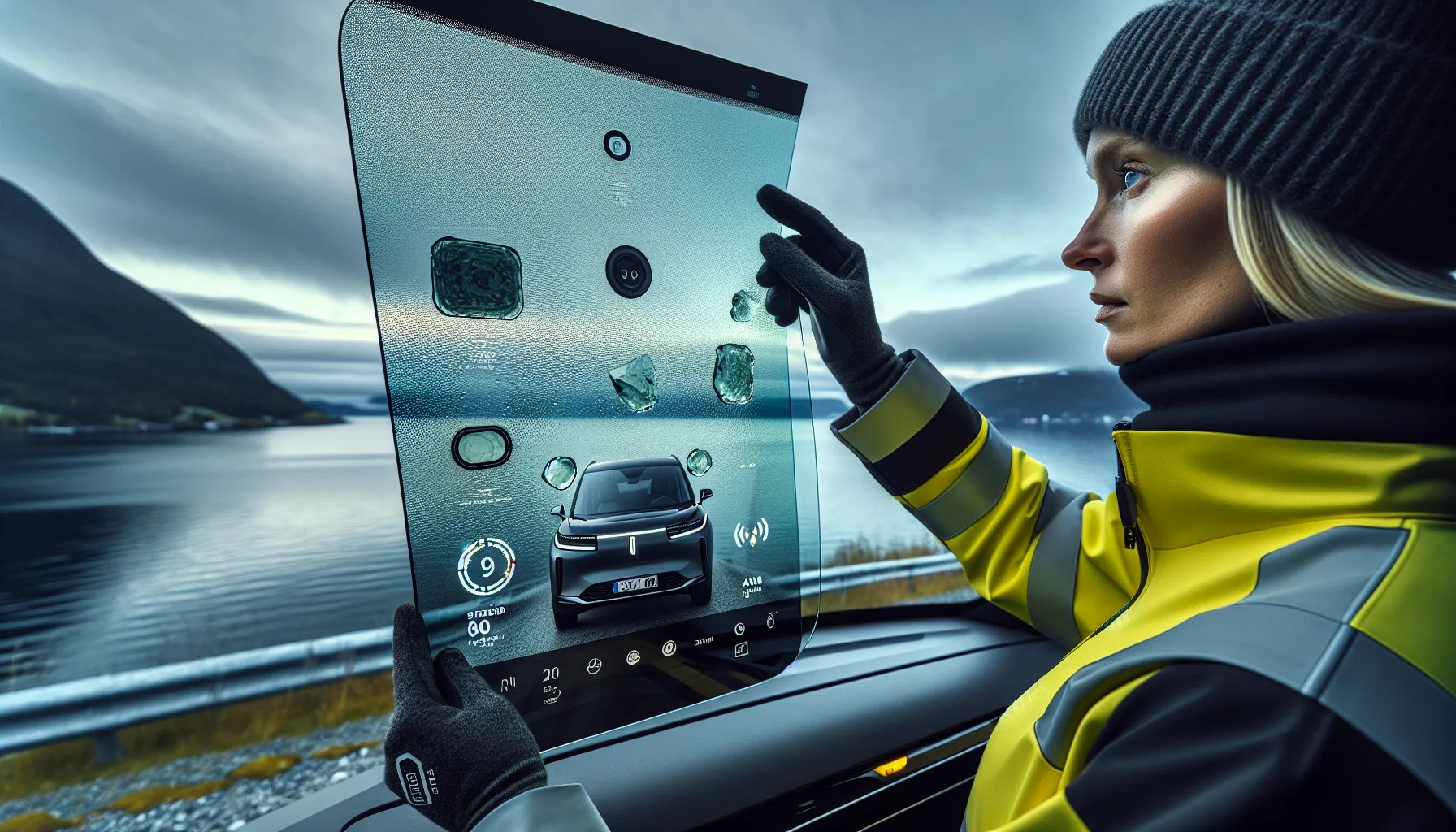 Engineer compares tempered and laminated glass by a modern norwegian car windshield.