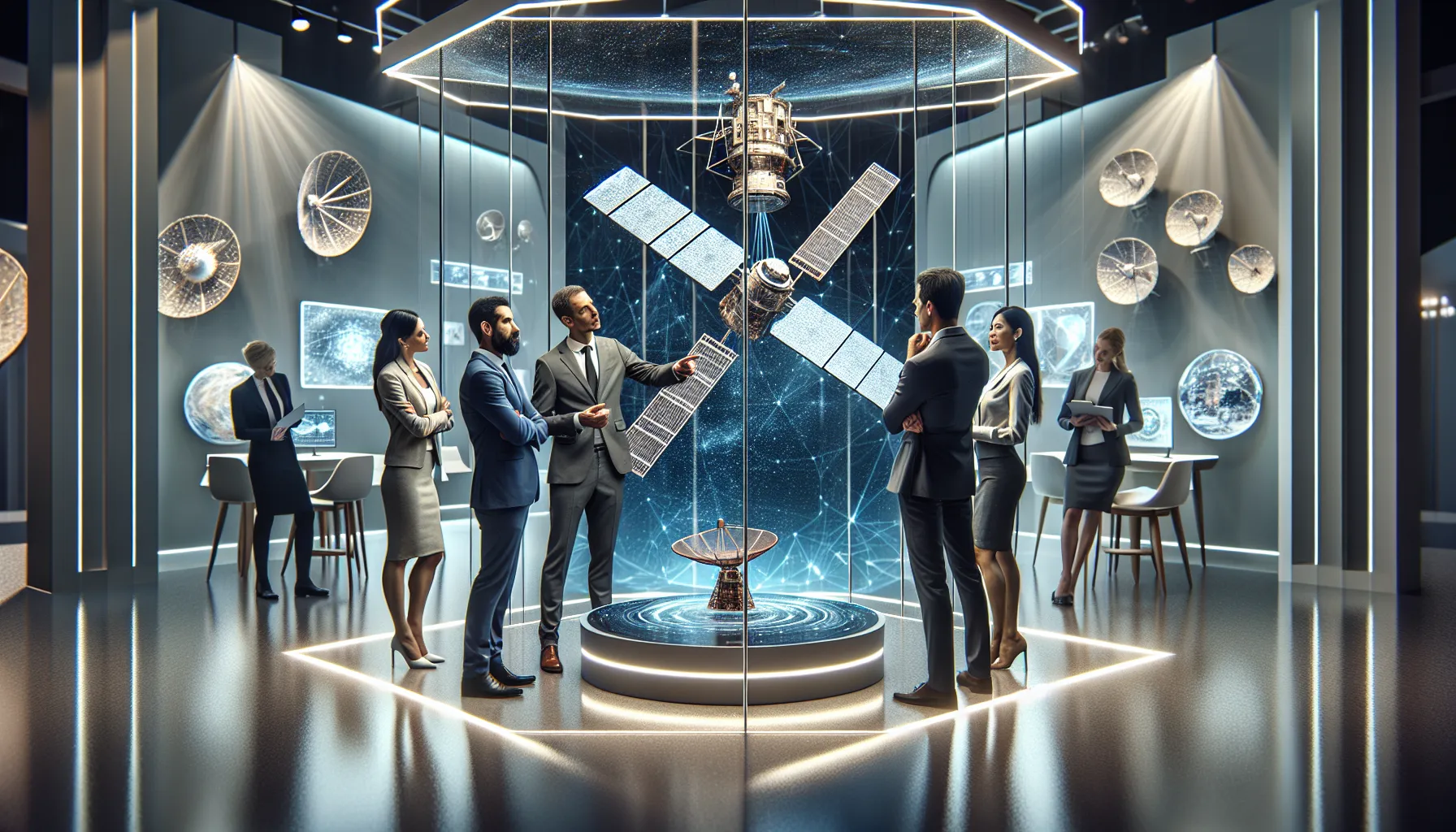 professionals discussing satellite technology at a modern tech conference.
