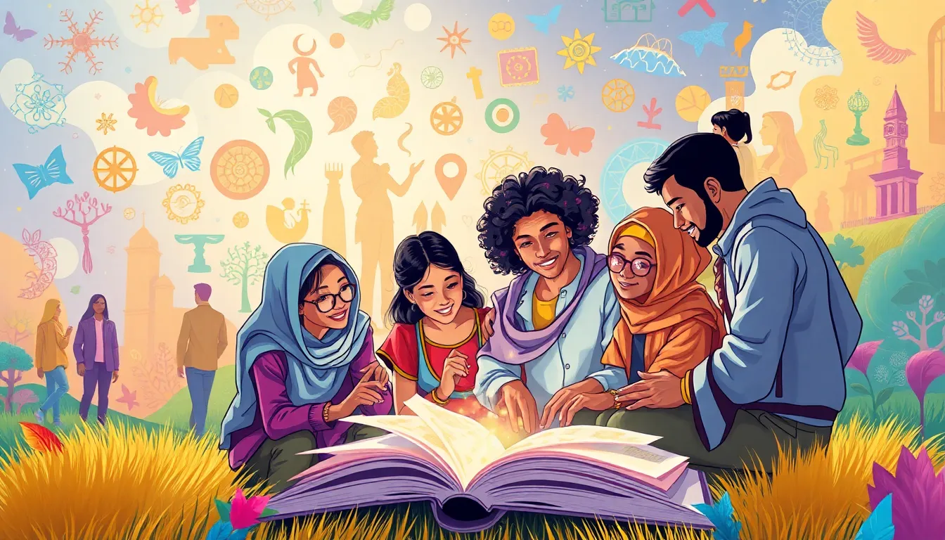diverse group storytelling in a vibrant, imaginative landscape.