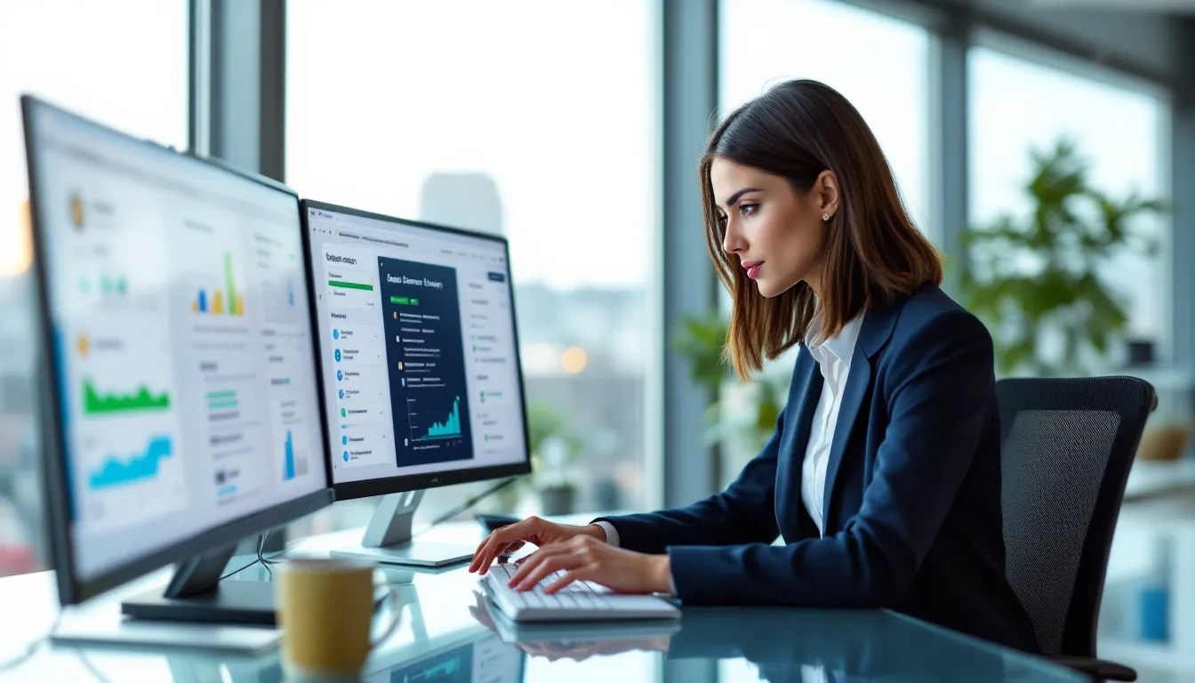 Businesswoman configuring WordPress security plugins on multiple computer monitors in modern office