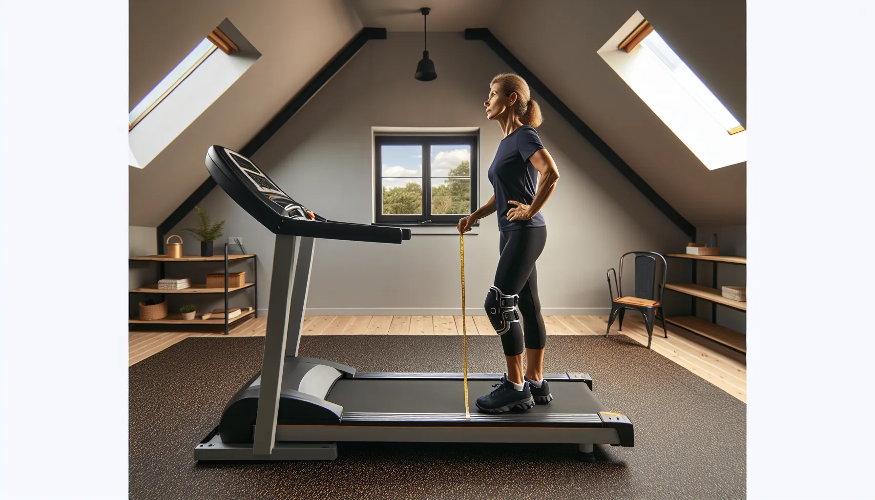 Woman with knee brace measures treadmill clearance on thick mat at home.