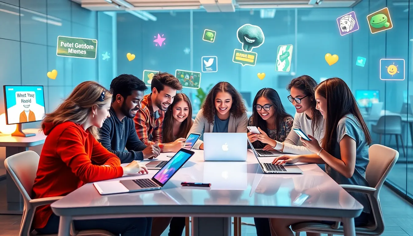 diverse young adults in a modern workspace, sharing internet culture humor.