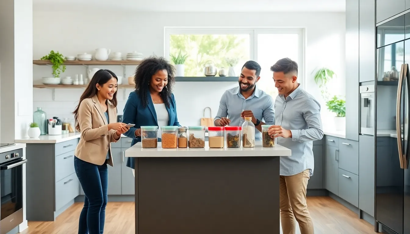 professionals organizing a modern kitchen with effective storage solutions.