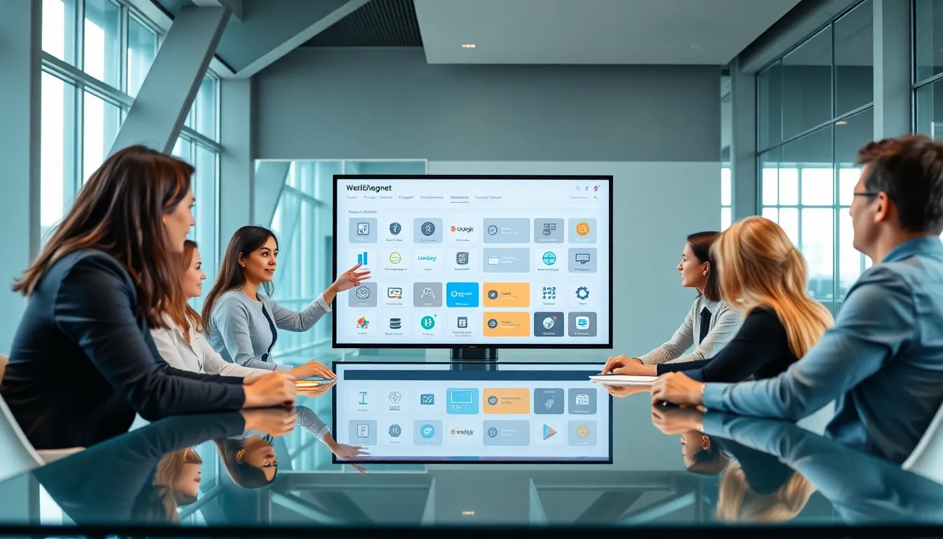 diverse professionals collaborating on business software in a modern office.