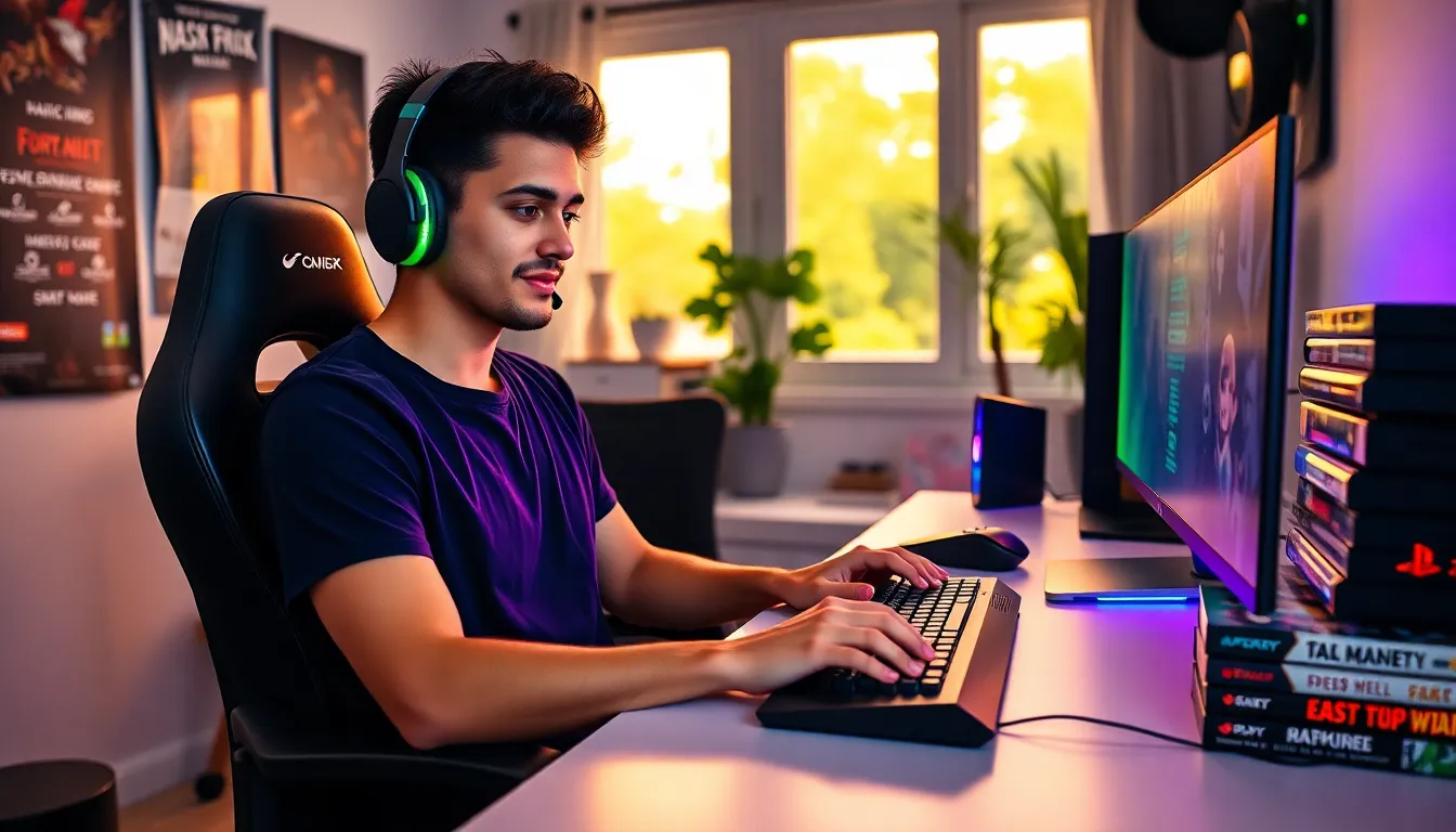 a young gamer eagerly typing in a colorful gaming room.