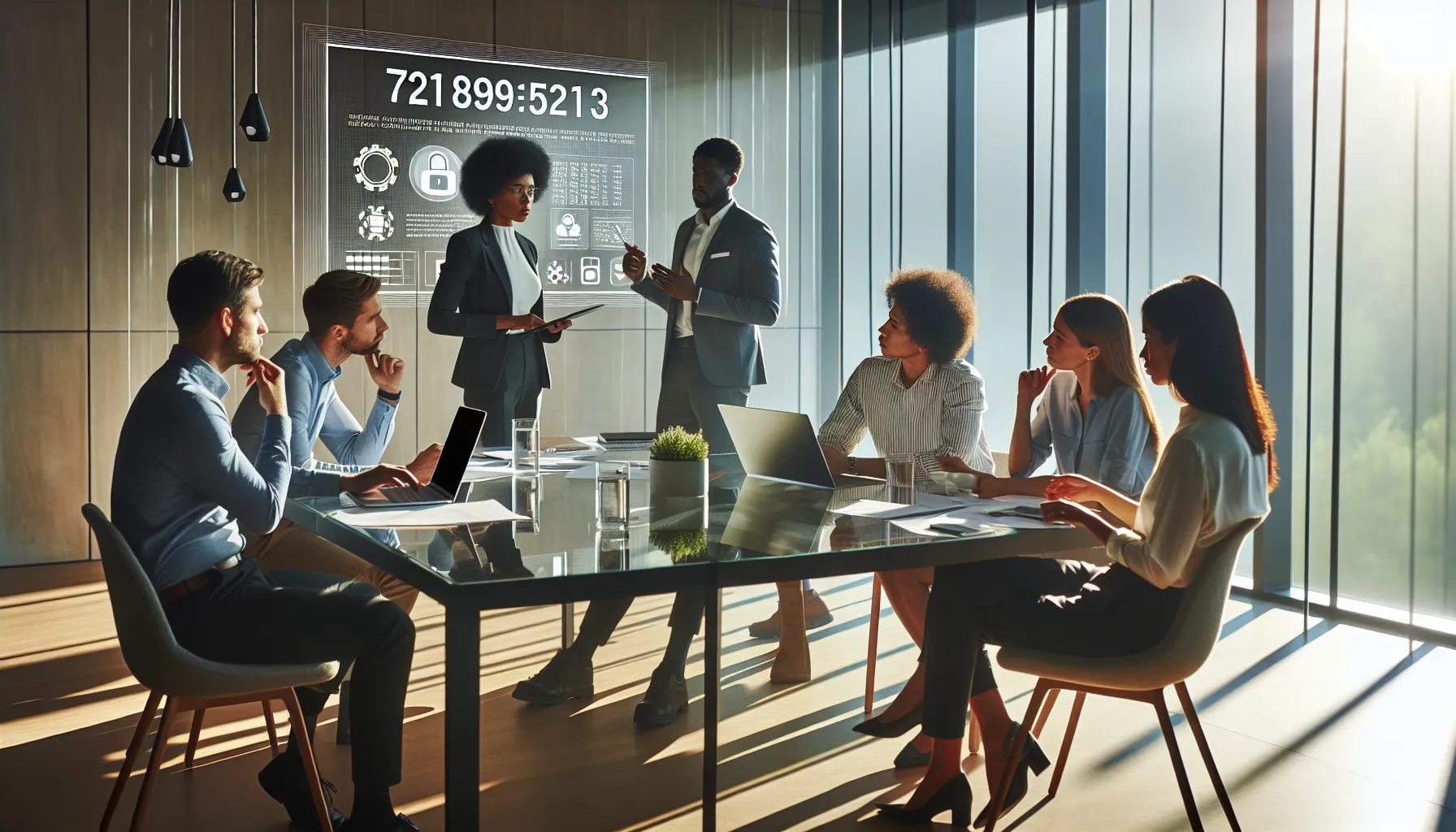 diverse team discussing data privacy in a modern office.