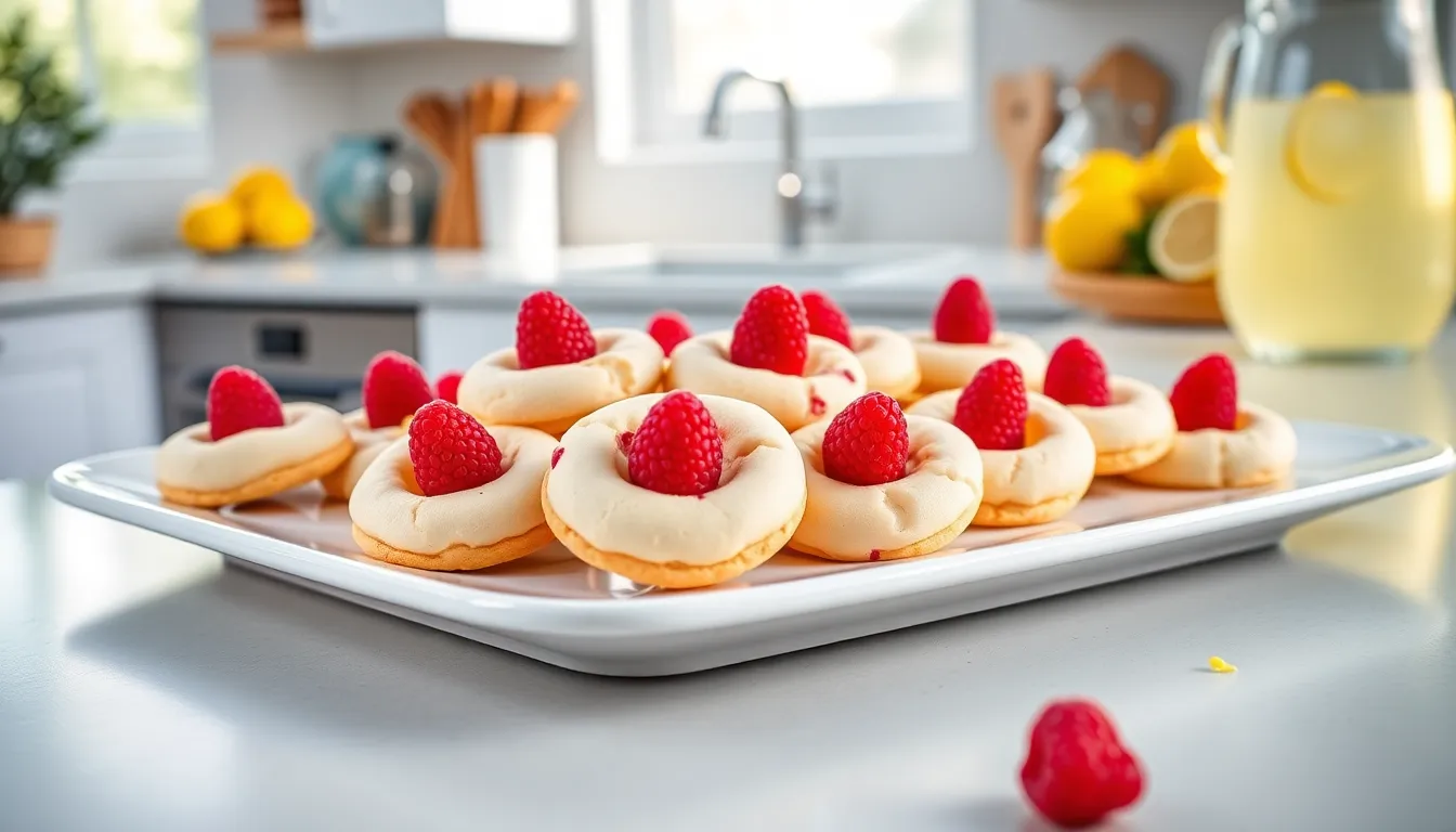 colorful raspberry lemonade cookies on a white plate.