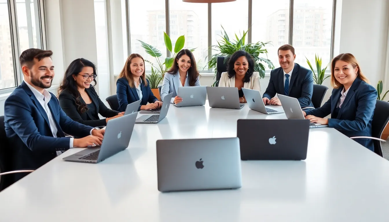 diverse group discussing refurbished laptops in a modern office.