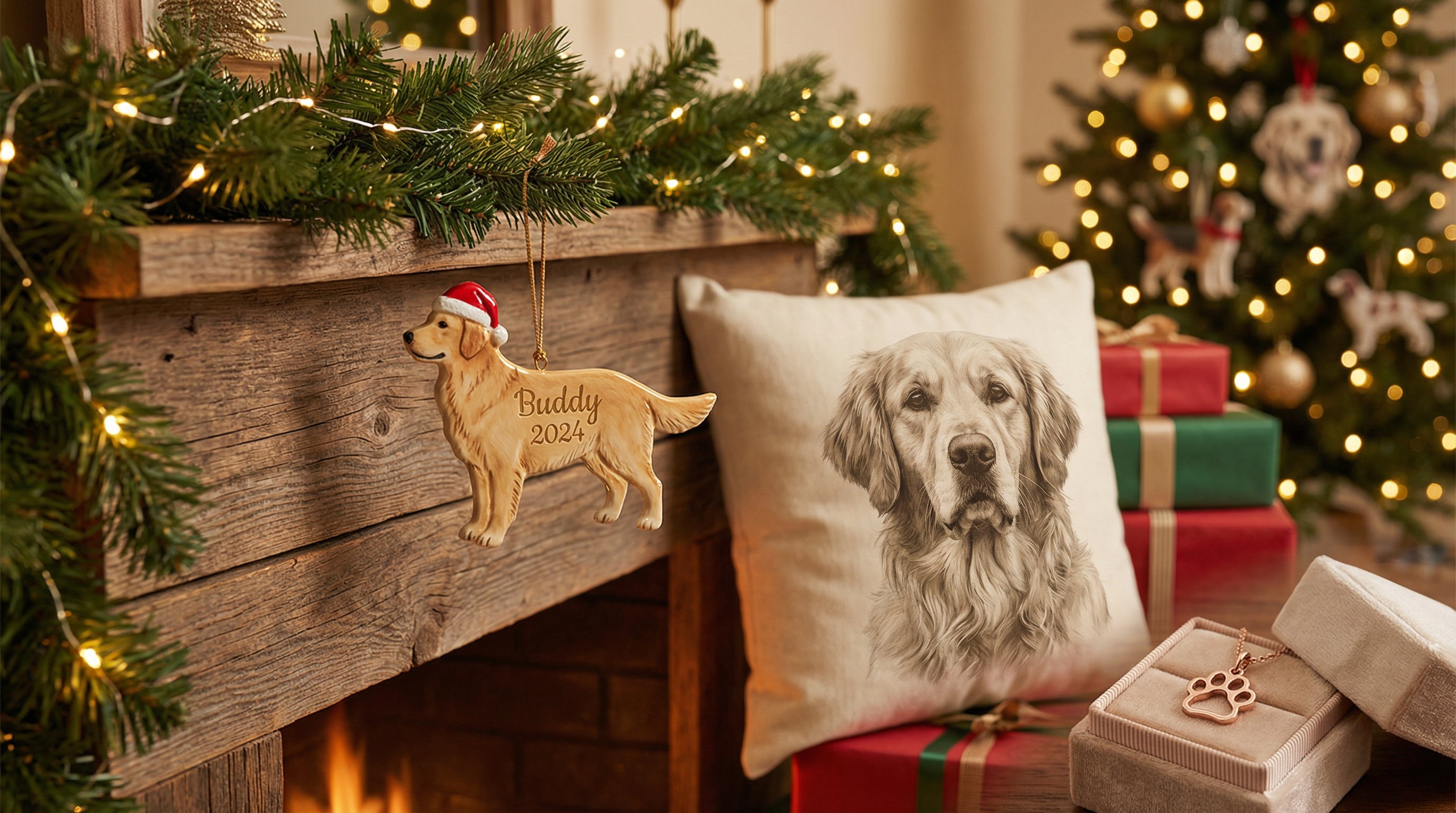 Personalized golden retriever ornament and paw-print necklace on a Christmas mantel.