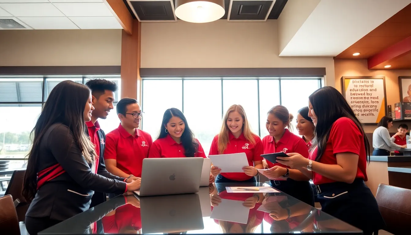 Chick-fil-A team discussing education benefits in a modern setting.