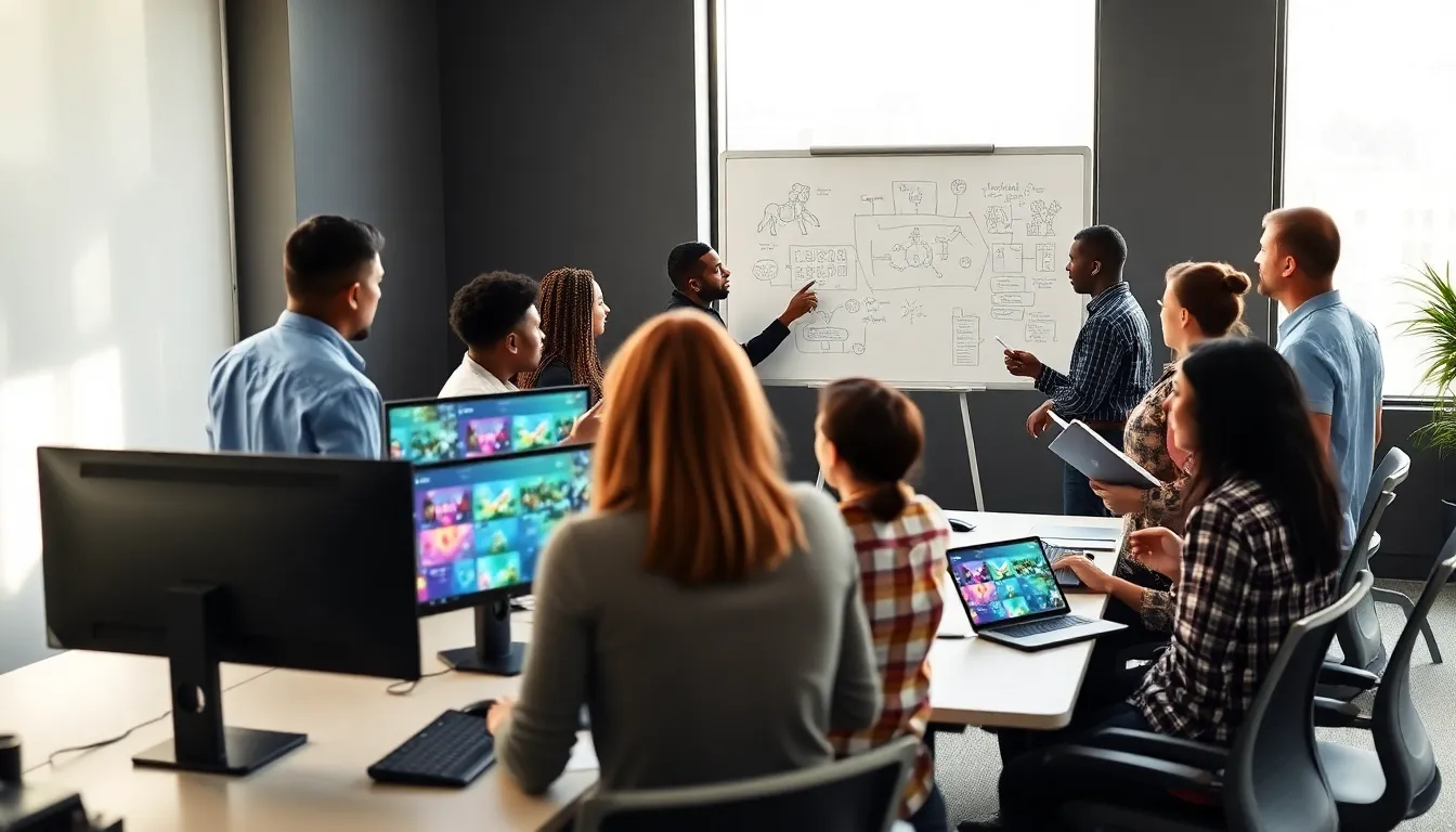 diverse team collaborating in a modern game design office.