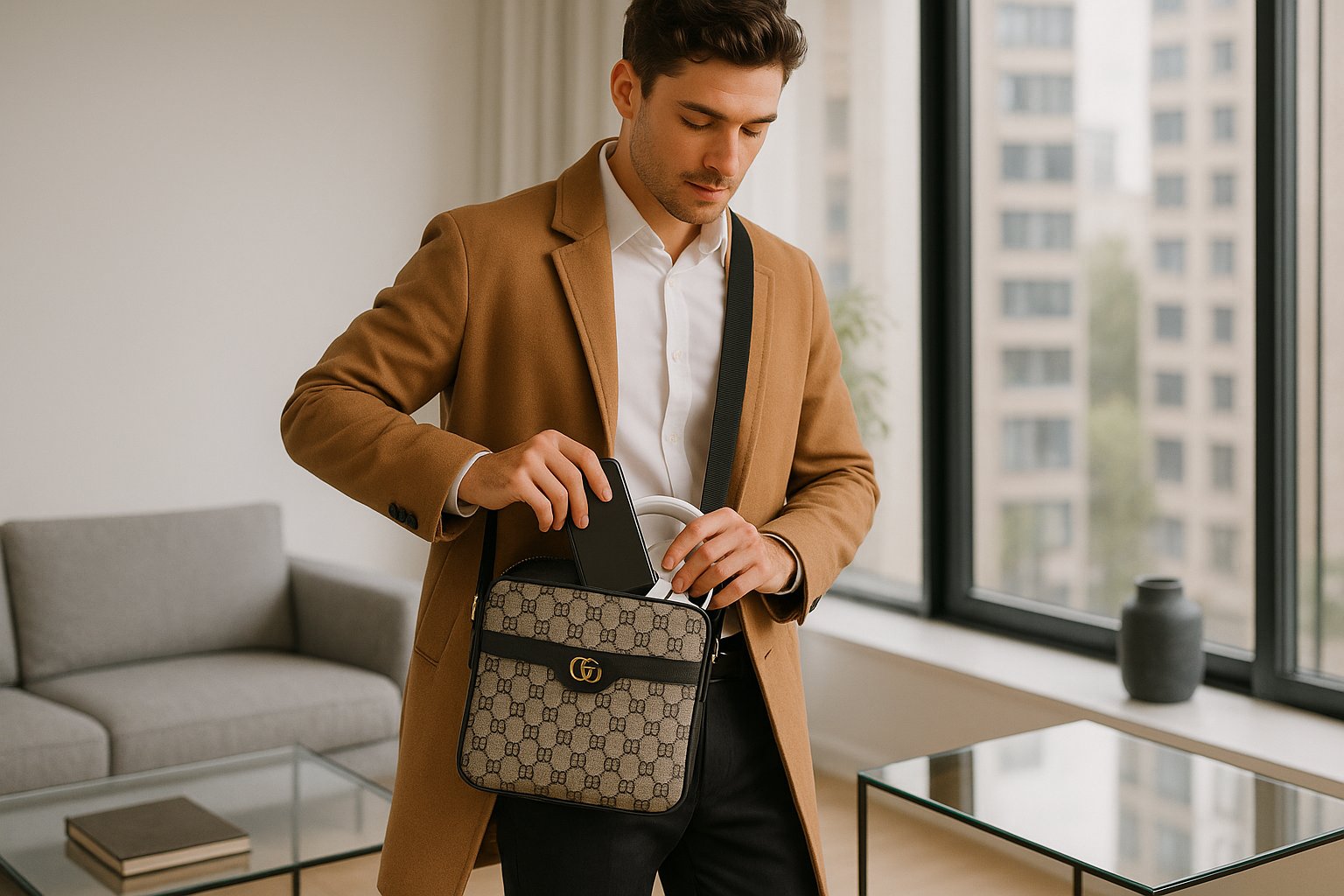 Man with a Gucci crossbody bag in a modern urban apartment.