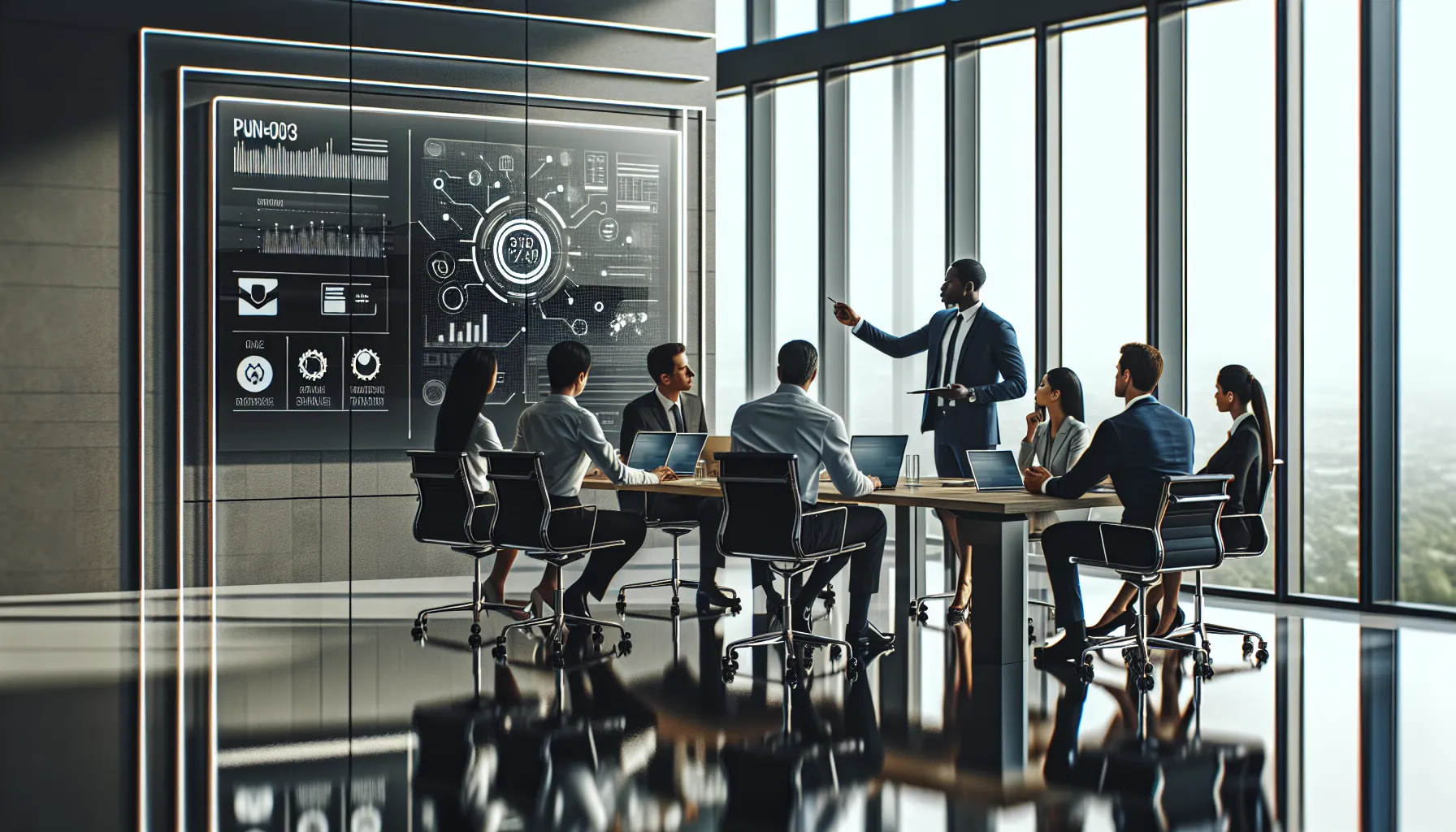 diverse team discussing features of Punb005500 in a modern office.