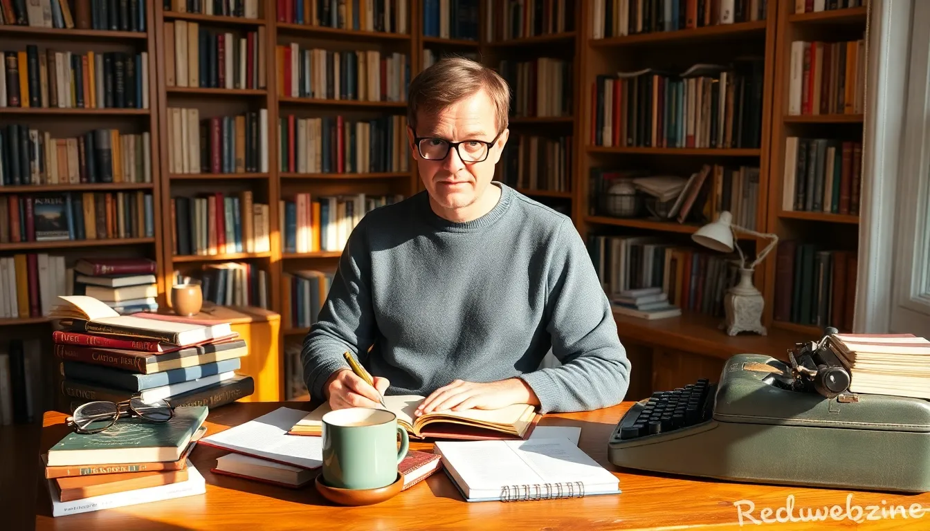 a writer in a cozy study, immersed in literature and writing.