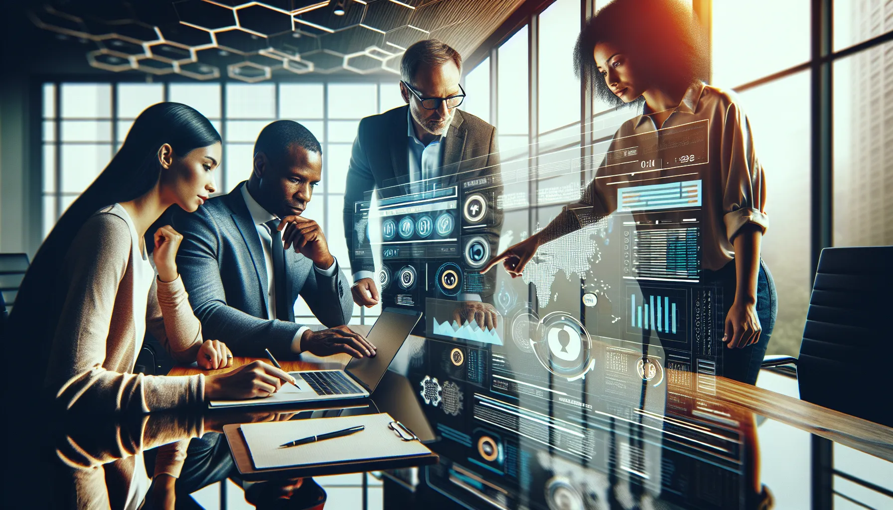 diverse professionals discussing phone number safety in a modern office.