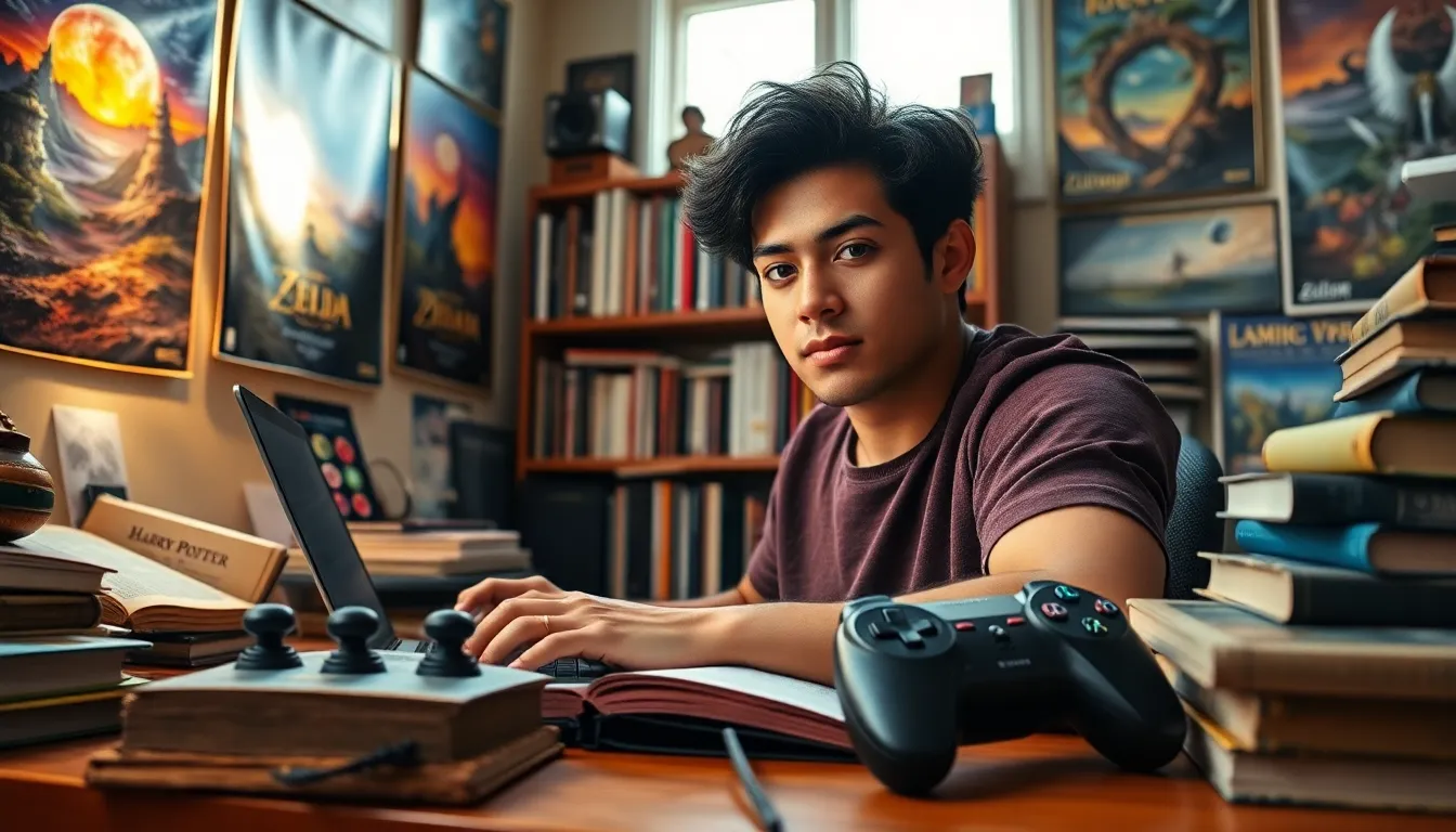A young writer surrounded by books and gaming memorabilia, typing at a desk.