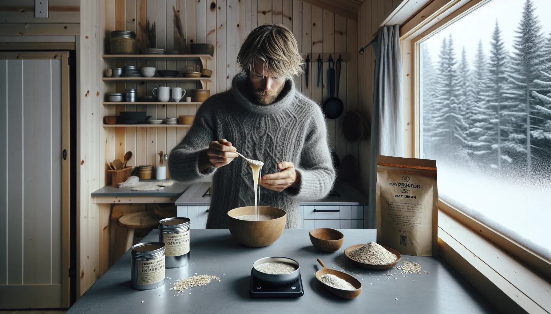 Norwegian adult measuring thick oat porridge to meet daily beta-glucan dose.