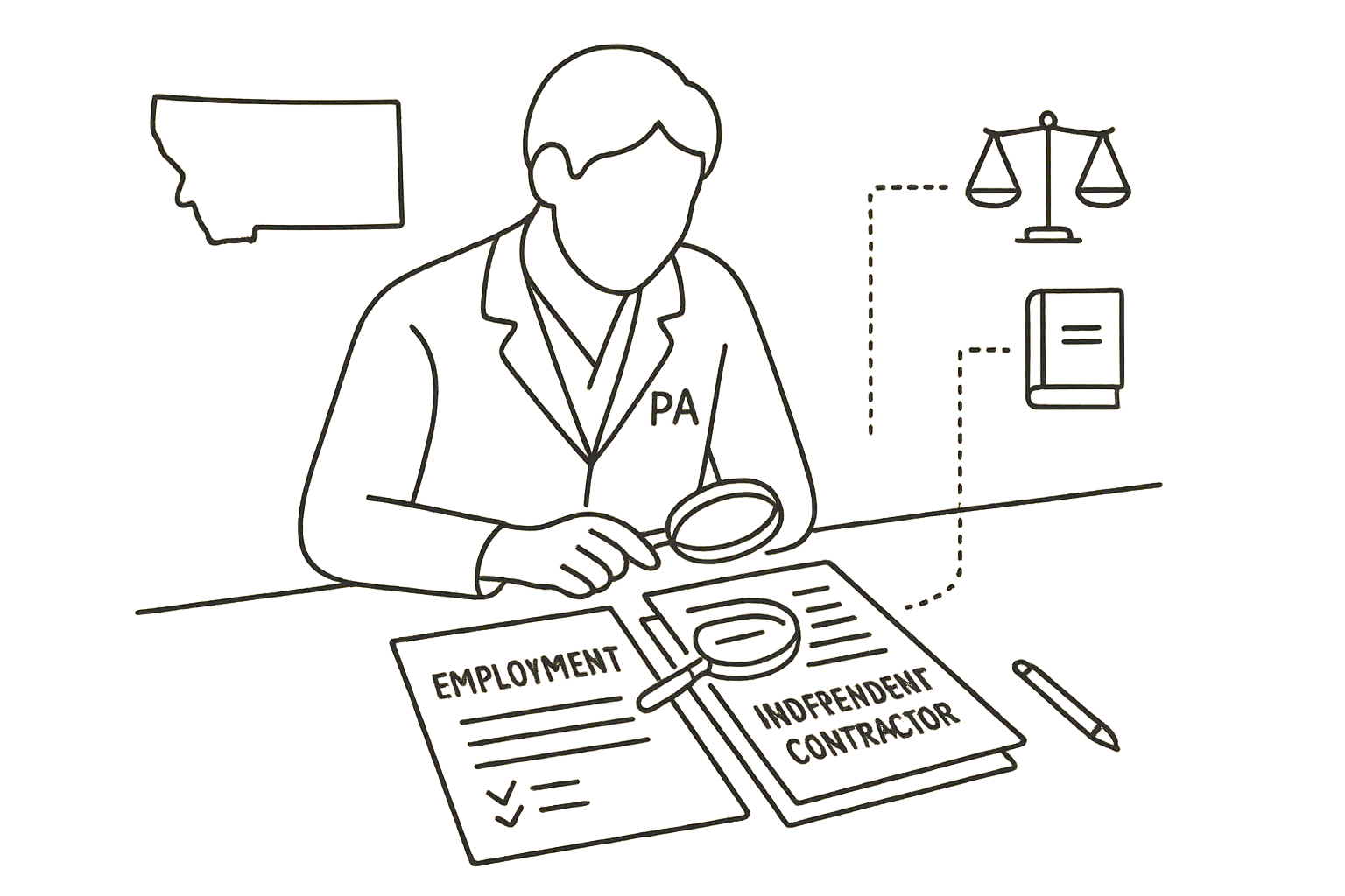 Physician assistant examining labeled contract pages with magnifying glass and Montana outline of Montana Physician Assistant Contract Review.
