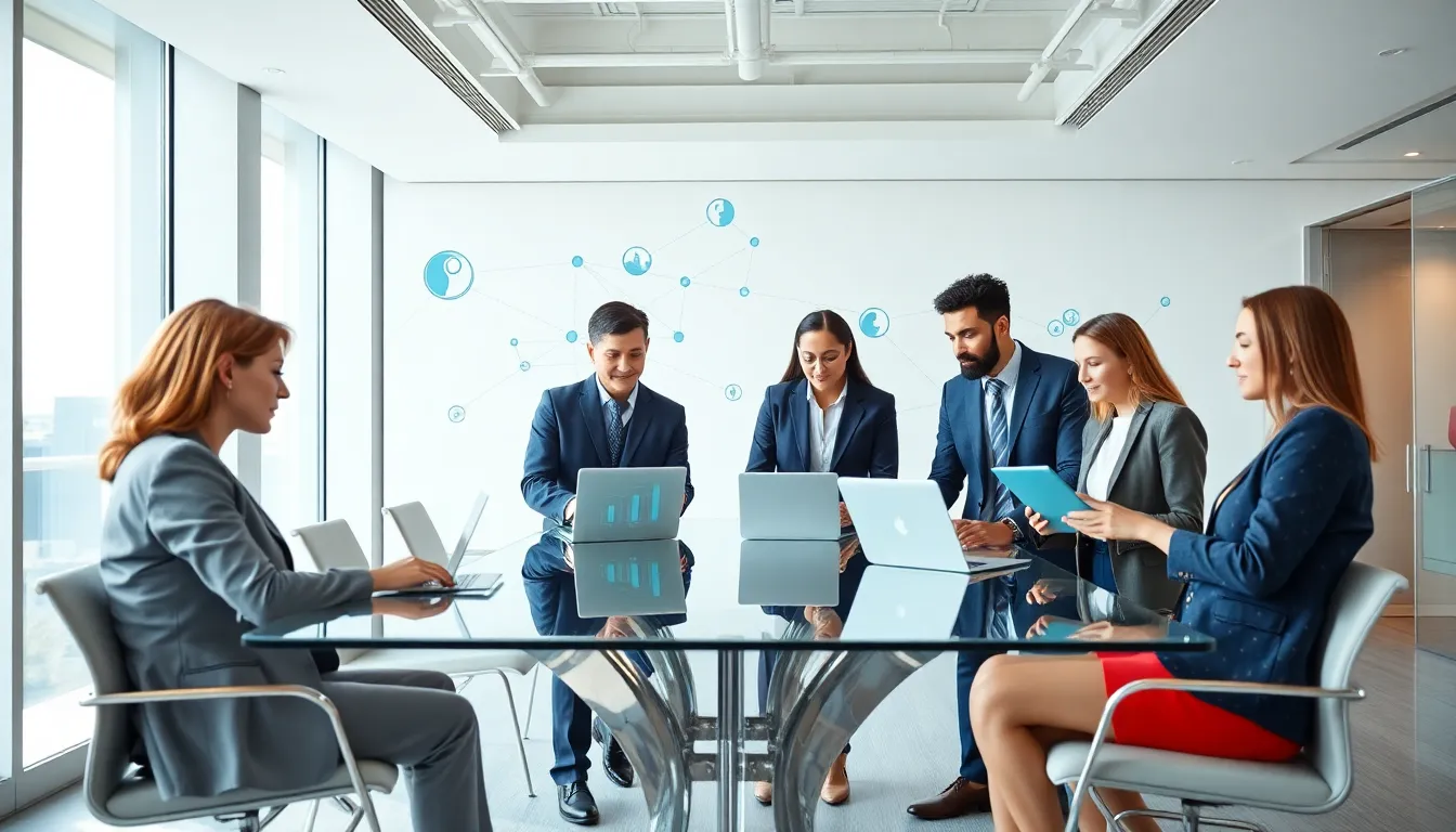 diverse professionals collaborating in a modern office setting.
