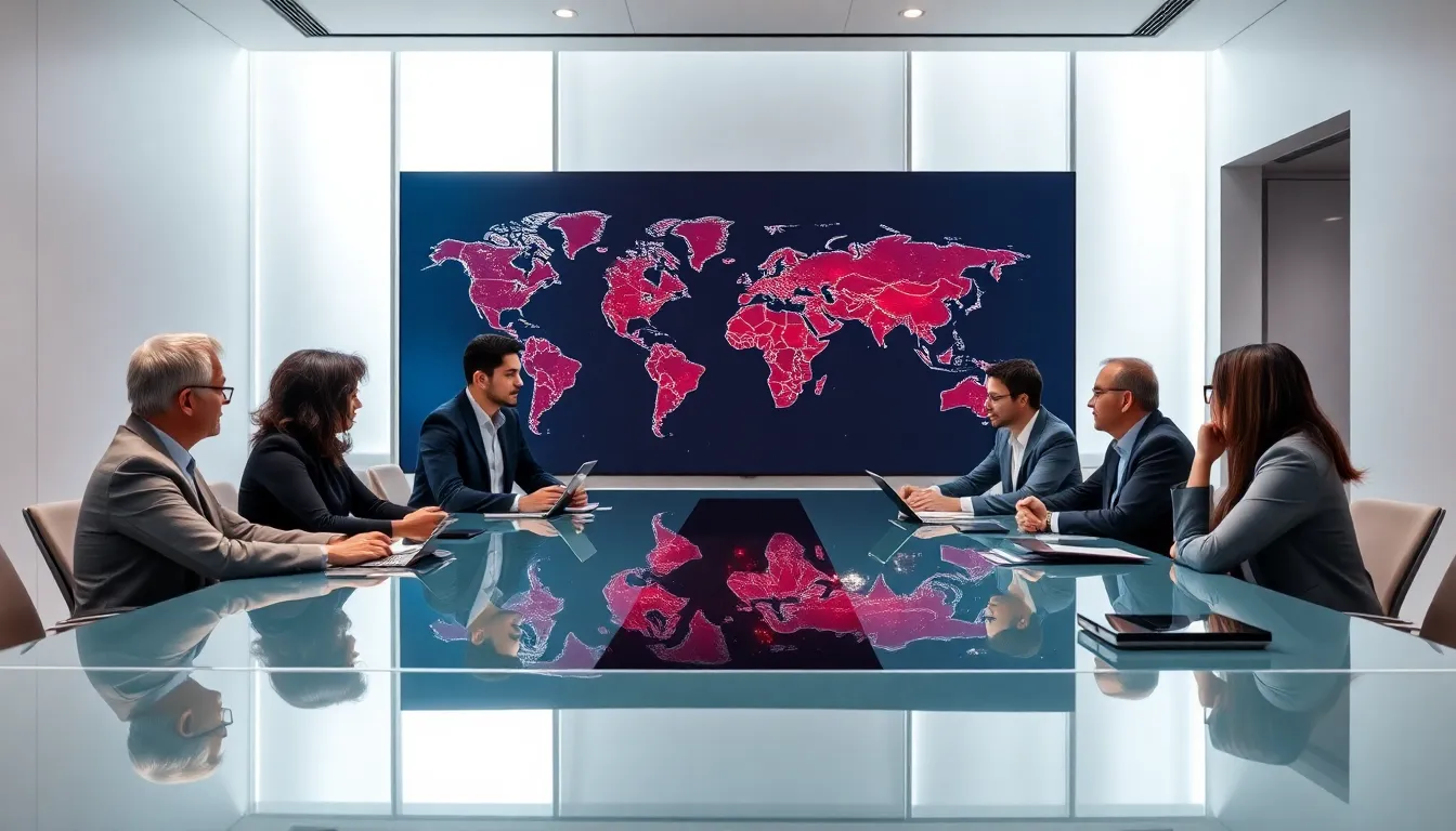 diverse professionals discussing global affairs in a modern conference room.