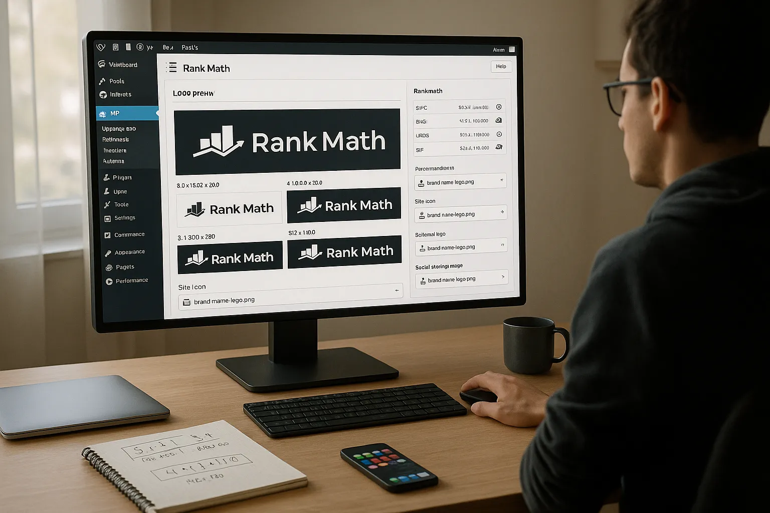 Designer optimizing a Rank Math SEO logo file on a desktop computer screen.