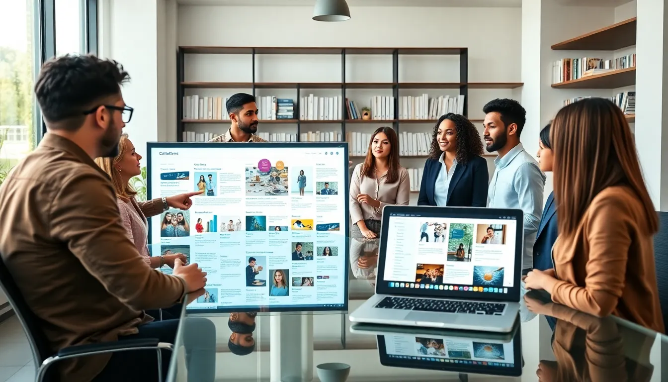 diverse professionals collaborating on curated content in a modern office.