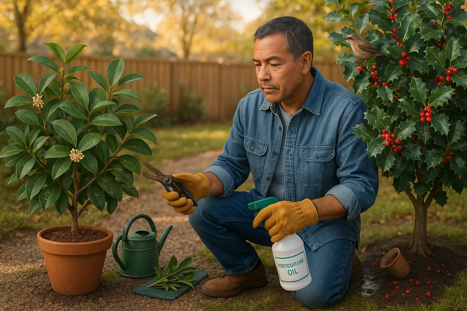 Gardener treating osmanthus and holly side-by-side in a sunny backyard.