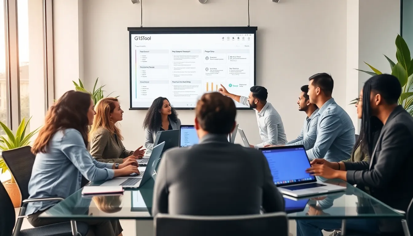 diverse team collaborating with laptops in a modern office.