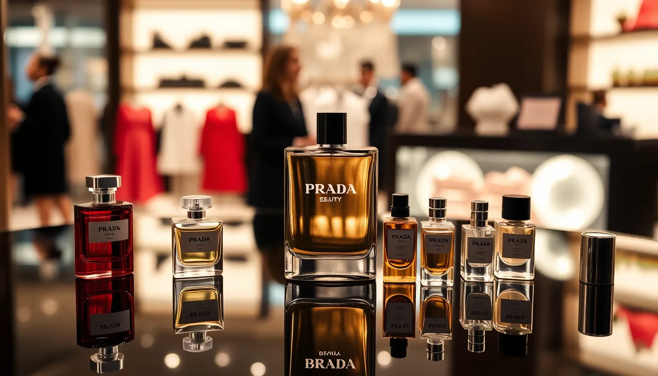 Prada beauty fragrances displayed elegantly in a luxurious setting.