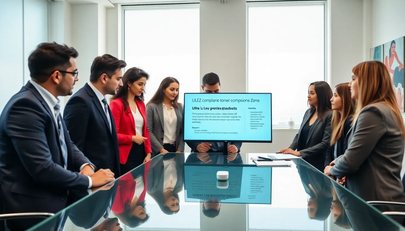 diverse team discussing ULEZ compliance in a modern office.