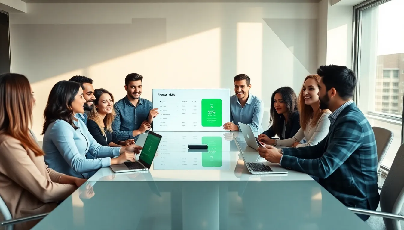 diverse millennials discussing finance in a modern office setting.