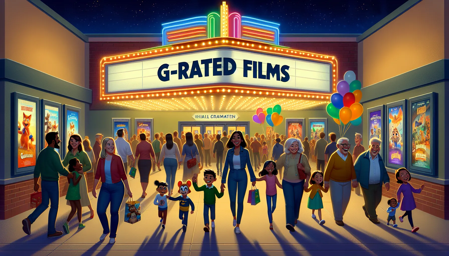 A movie theater marquee advertising G-rated films, welcoming families with children.