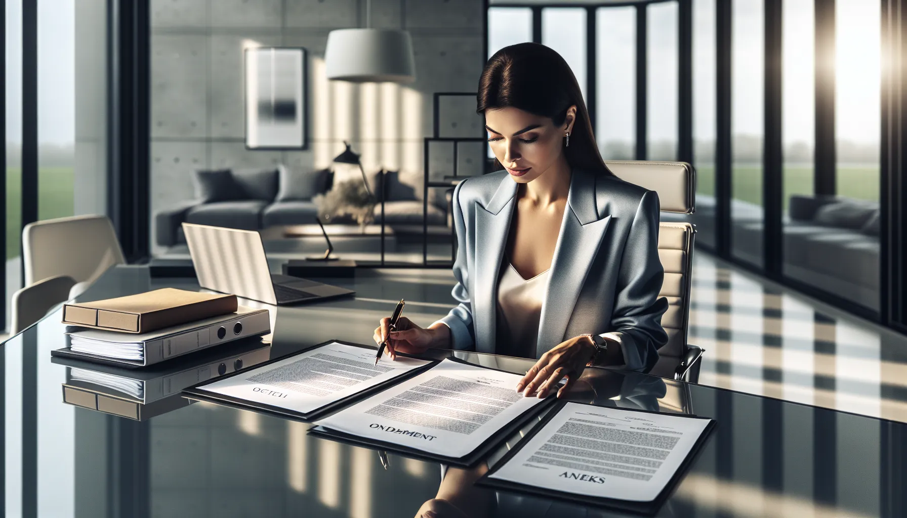 Professional reviewing contract amendment documents at modern office desk.